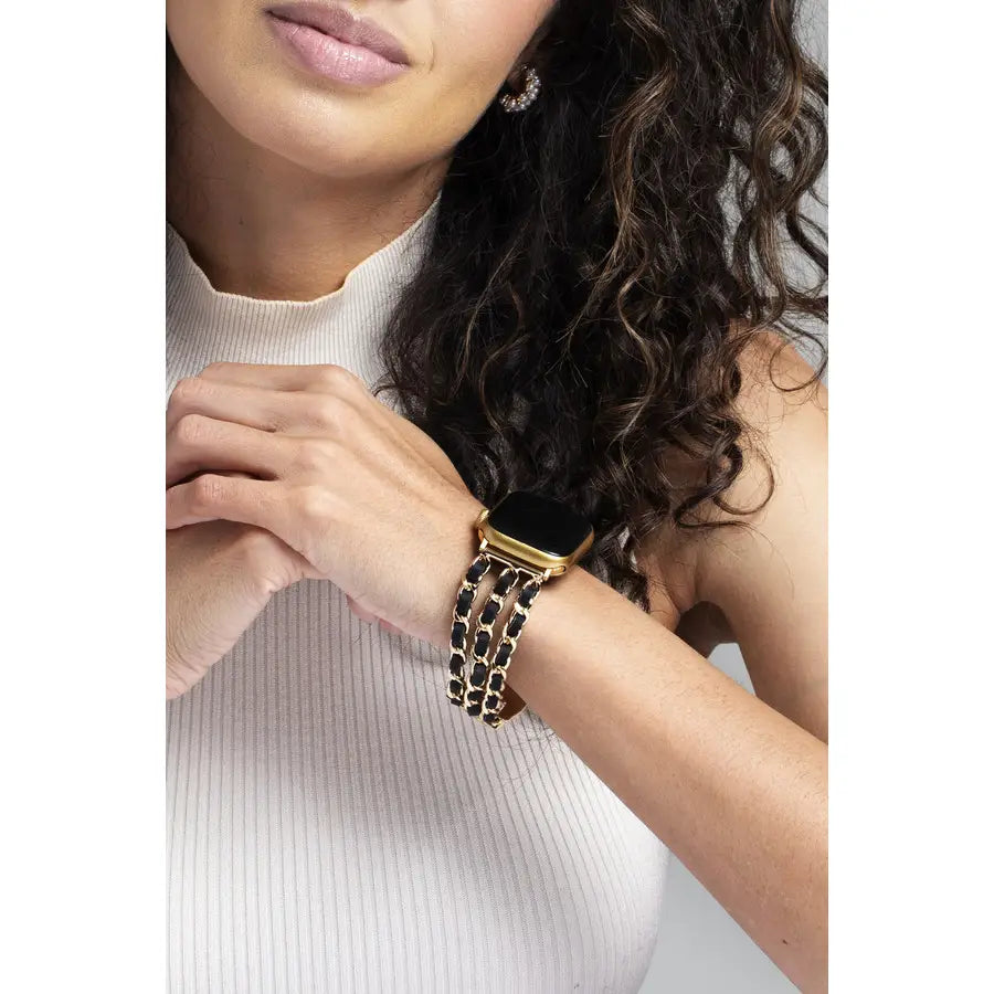 Black Leather Gold Chain Watch Band