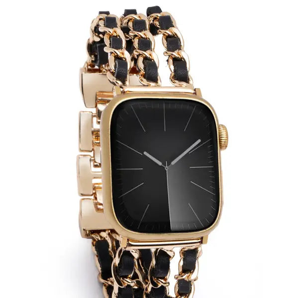 Black Leather Gold Chain Watch Band