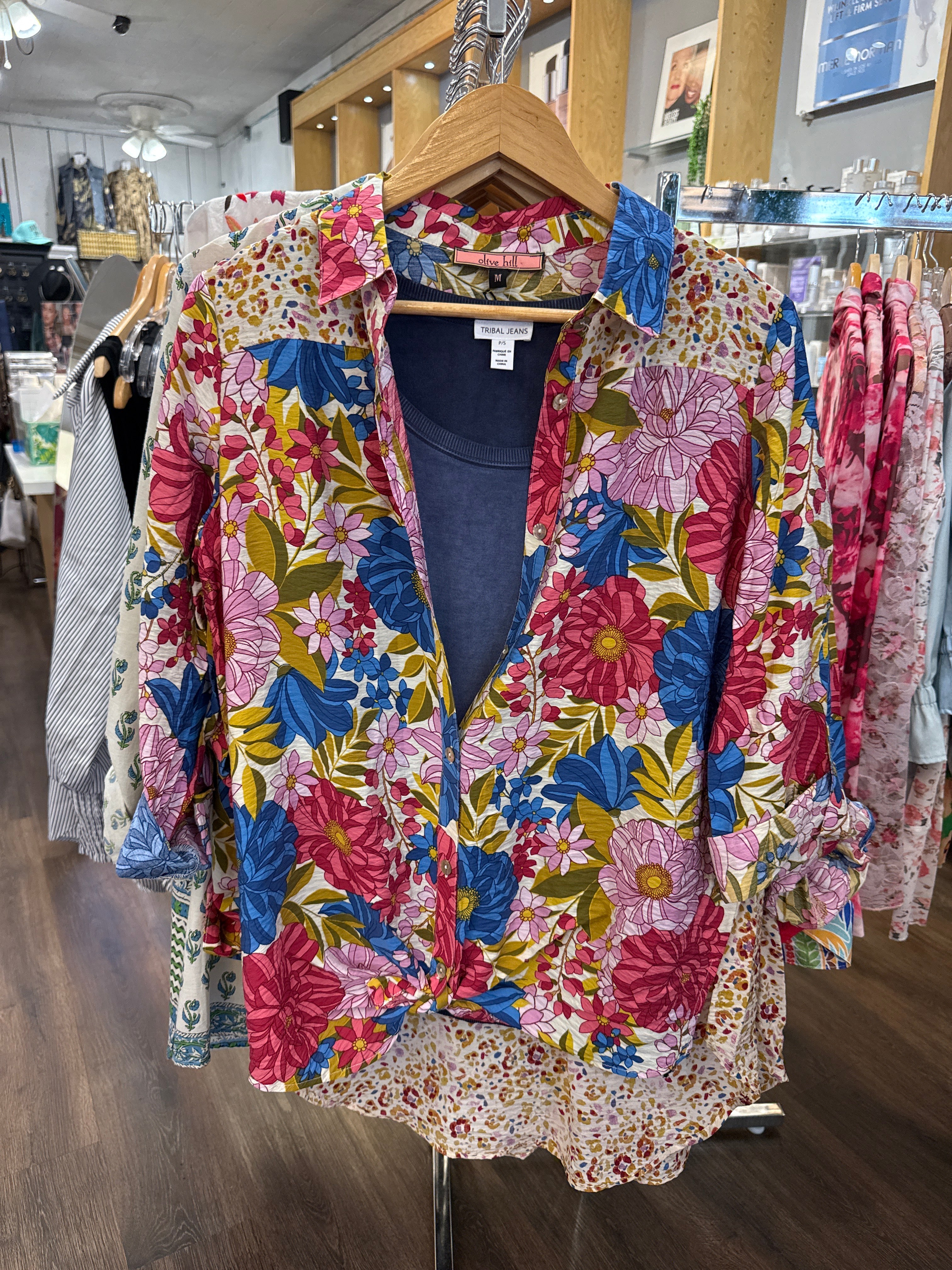 Multi Floral High Low Button Front Top