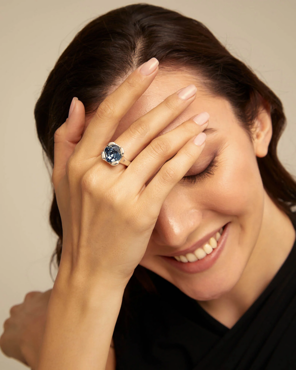 Uno de 50 Rock N Blue Sterling Silver-Plated Ring with Blue Faceted Crystal, Geometric Shape, Handmade in Spain (1)