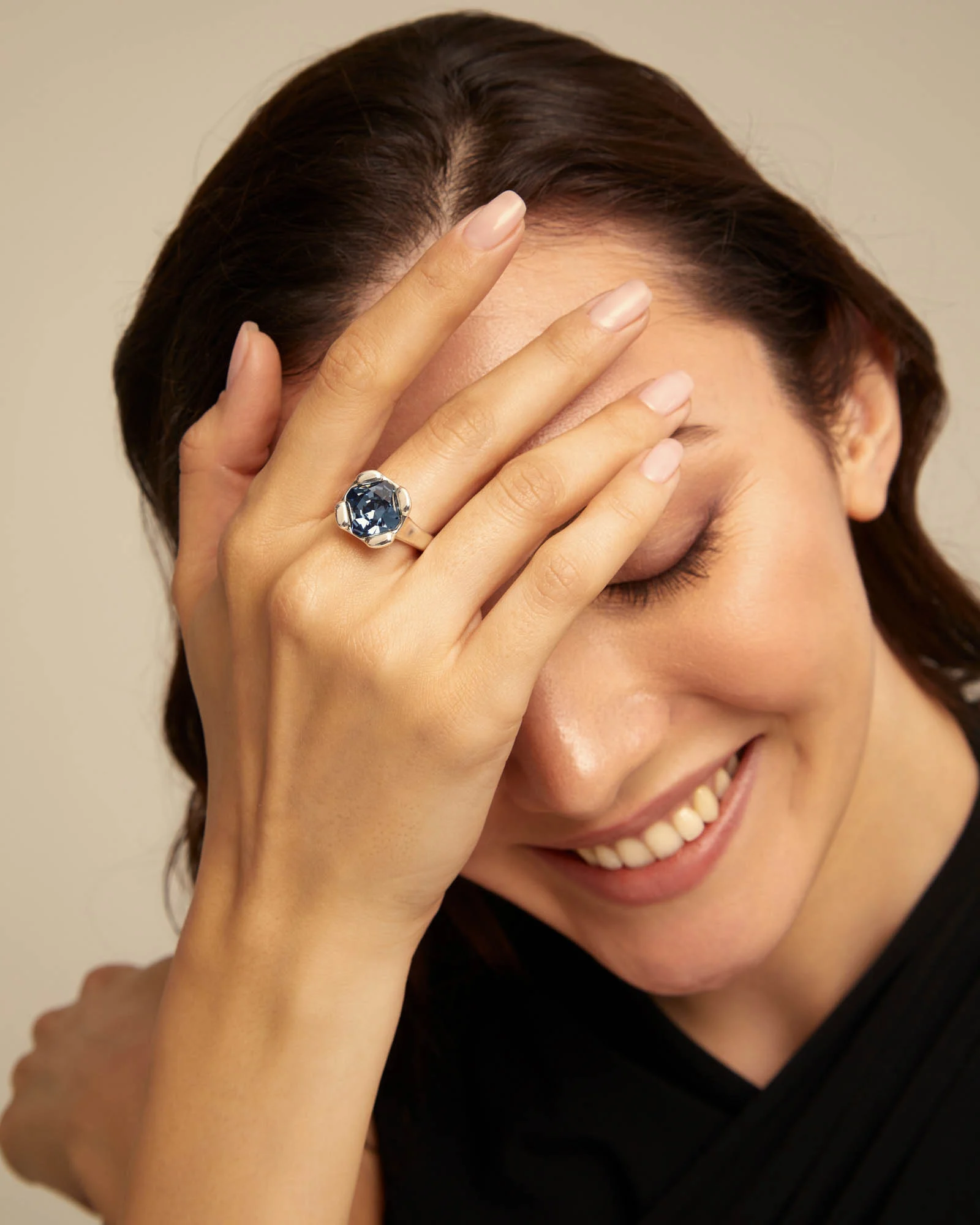 Uno de 50 Rock N Blue Sterling Silver-Plated Ring with Blue Faceted Crystal, Geometric Shape, Handmade in Spain (1)