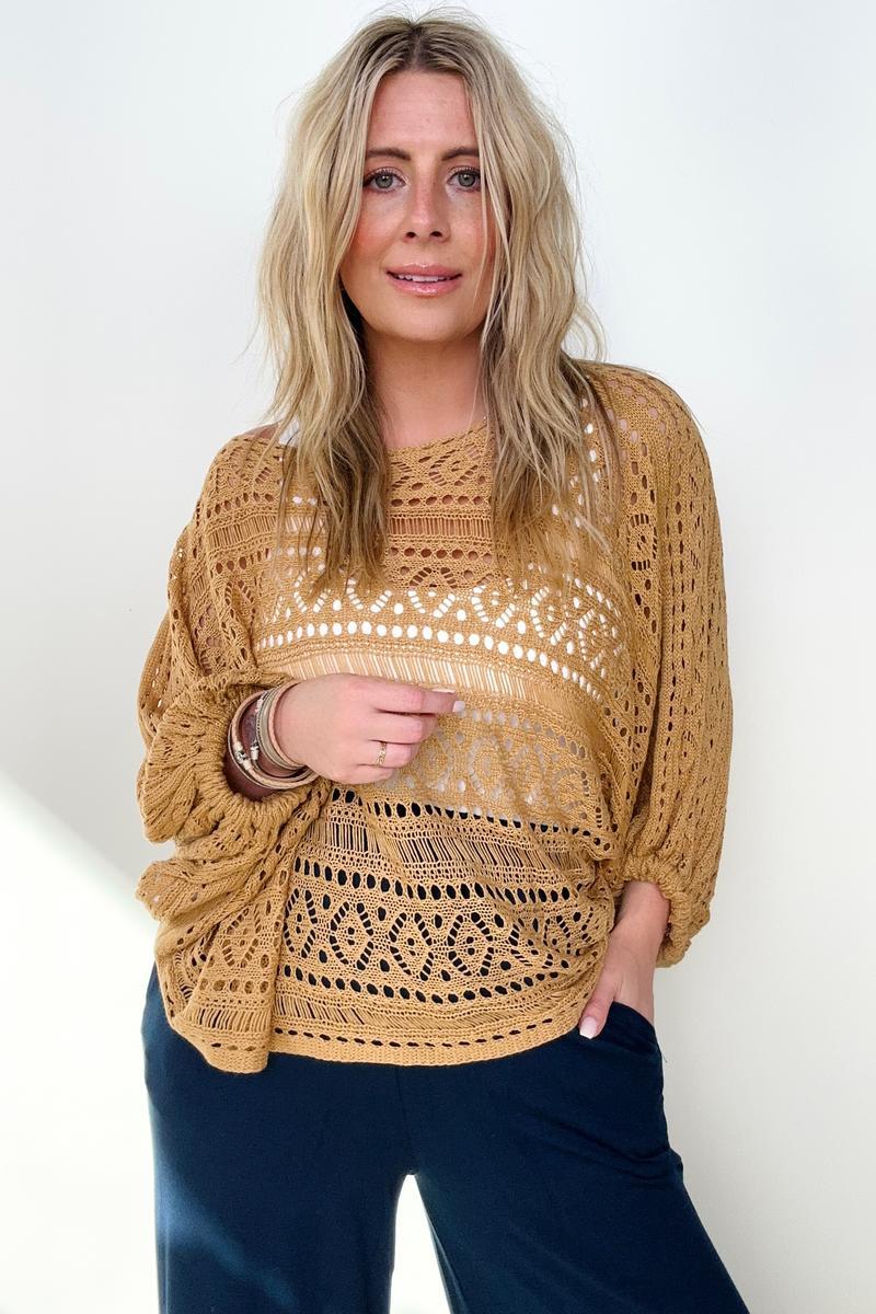 Camel Open Knit Boat Kneck Dolman Sleeve Cover Up