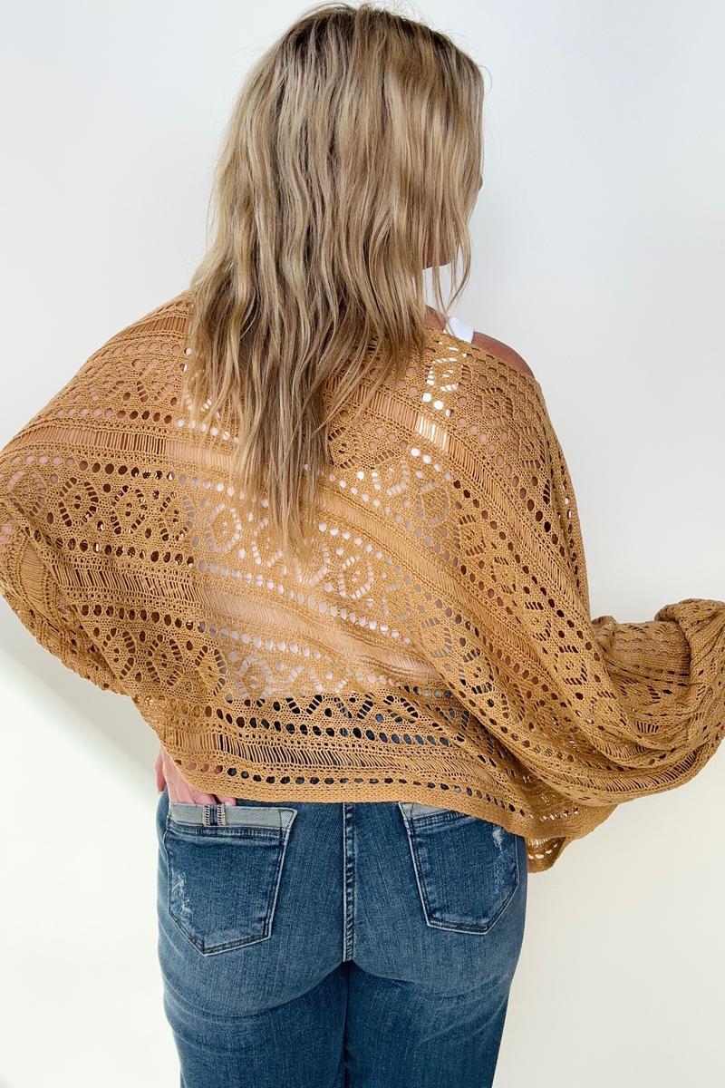 Camel Open Knit Boat Kneck Dolman Sleeve Cover Up