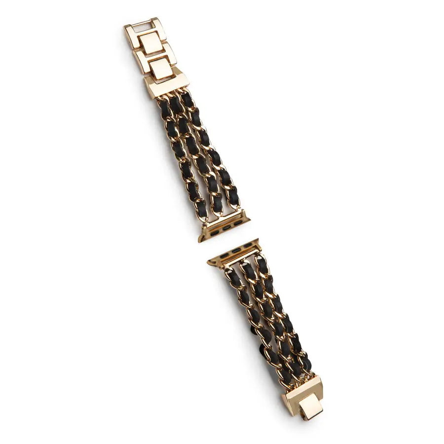 Black Leather Gold Chain Watch Band