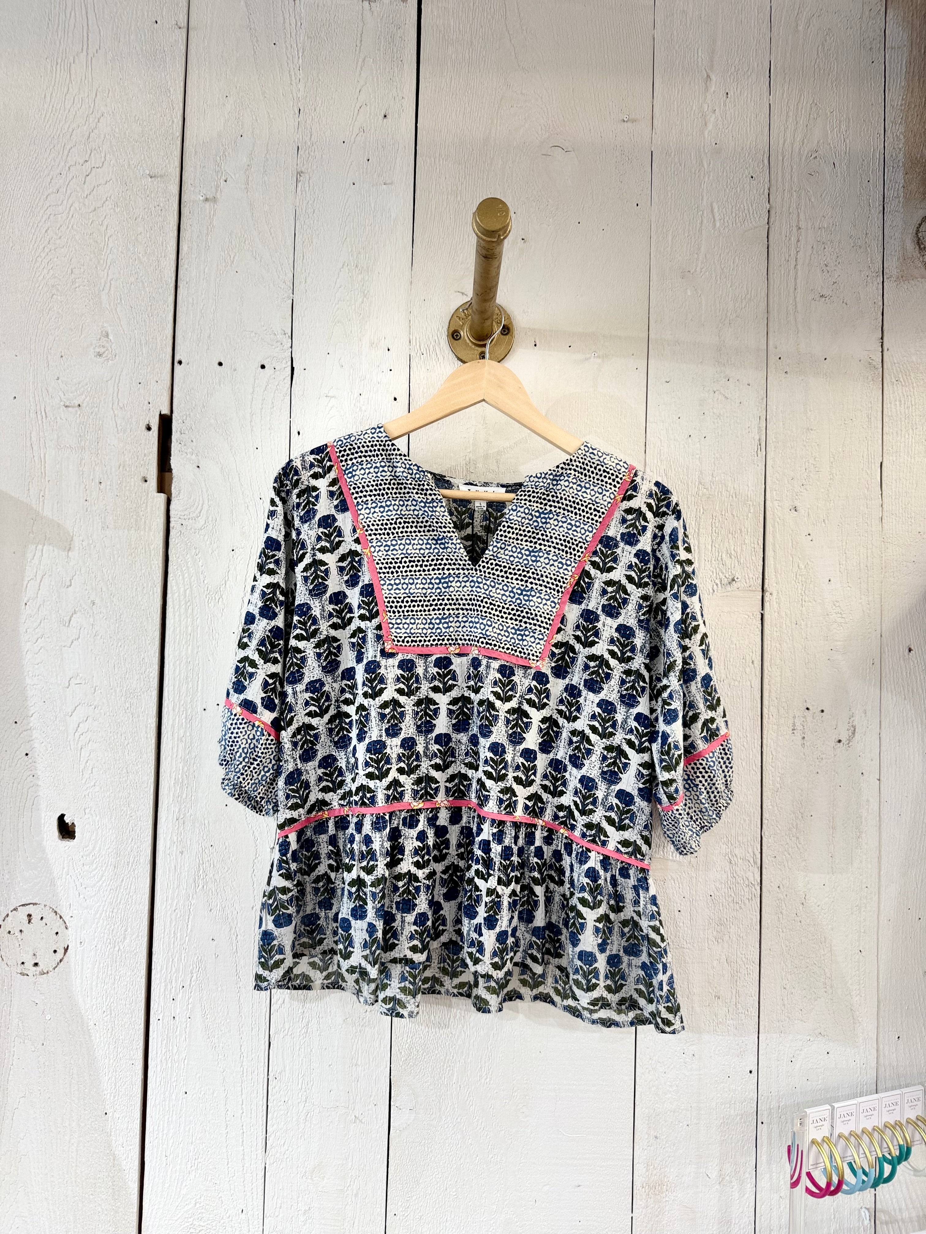 Navy Flower Print Balloon Sleeve Top