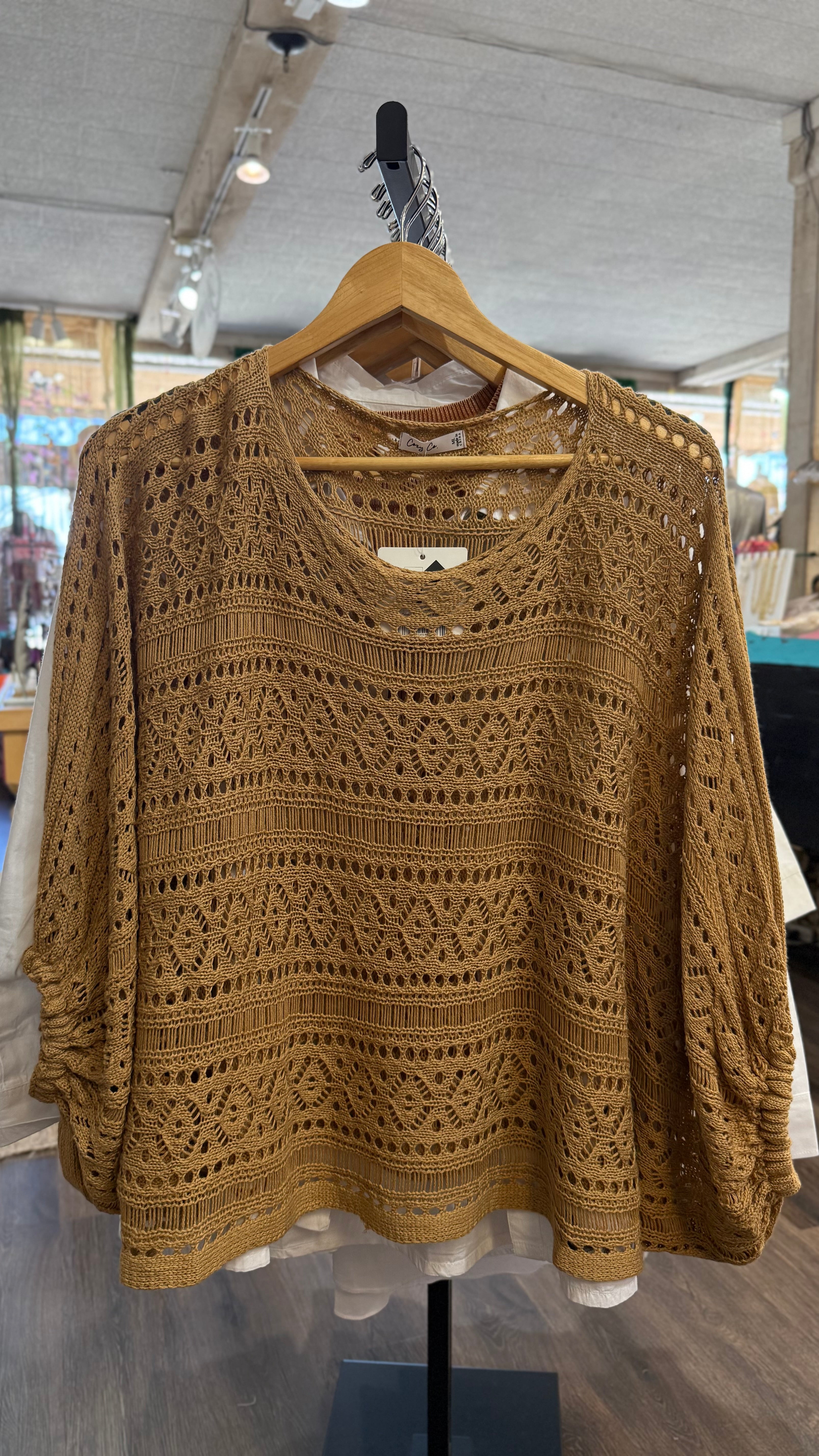 Camel Open Knit Boat Kneck Dolman Sleeve Cover Up