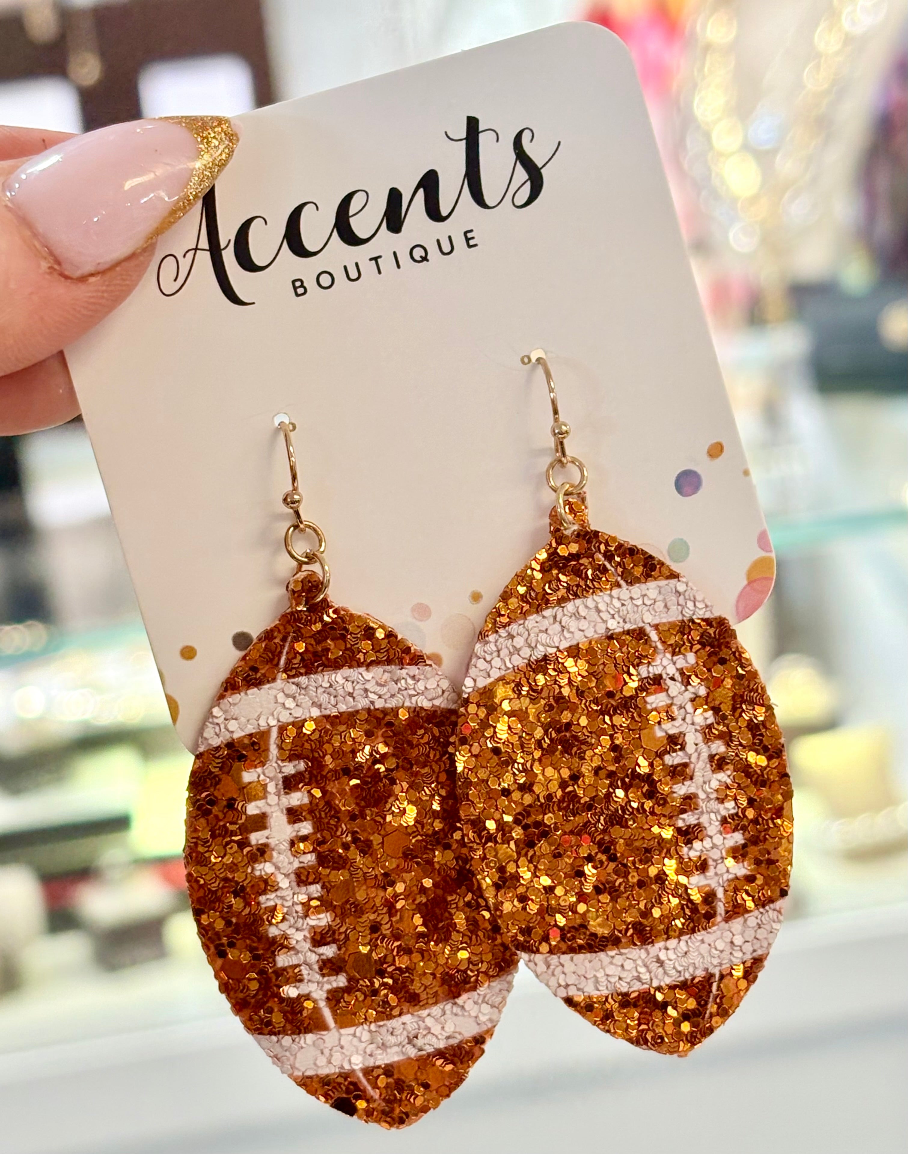 Orange & White Glitter Football Earrings