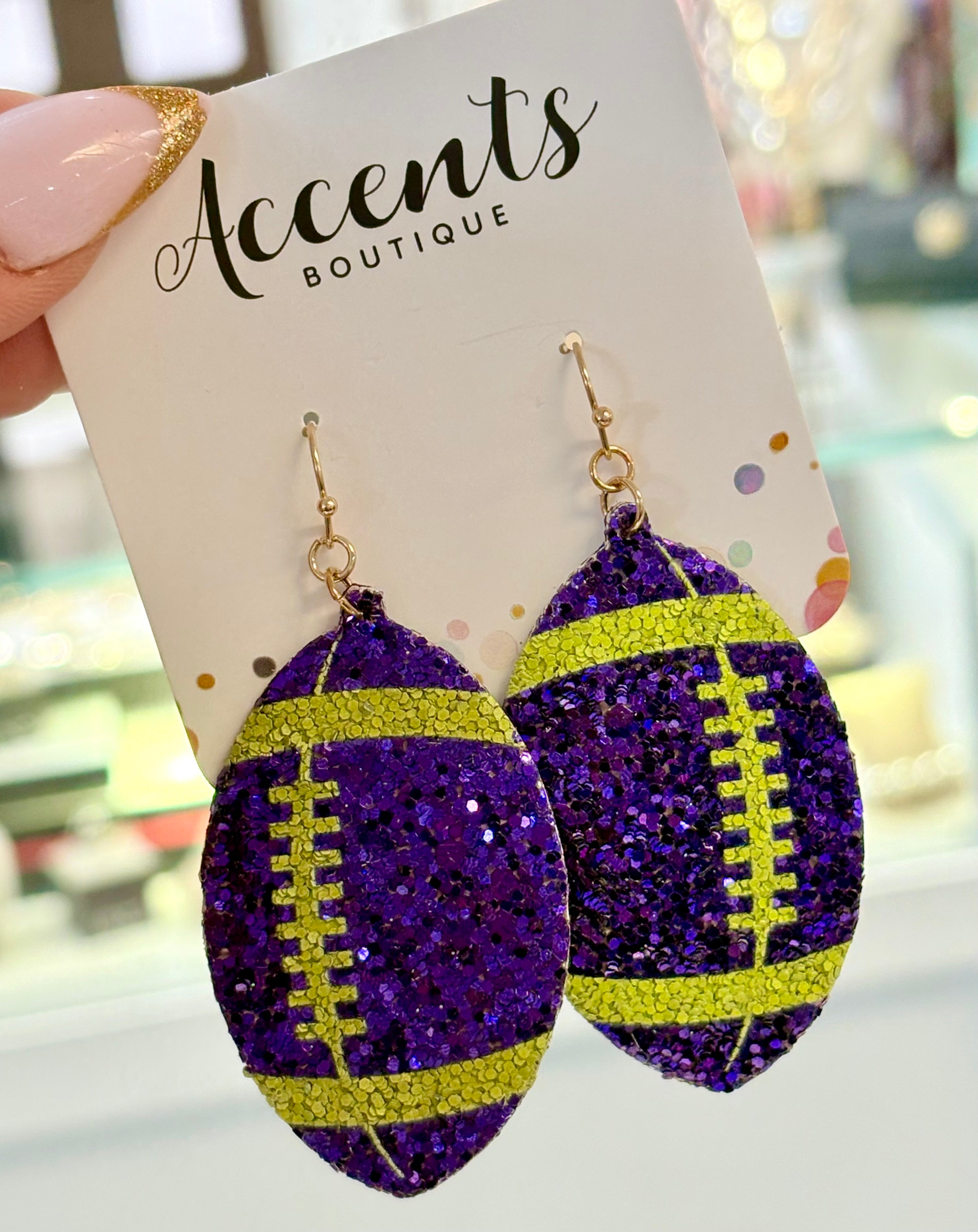 Purple & Gold Glitter Football Earrings